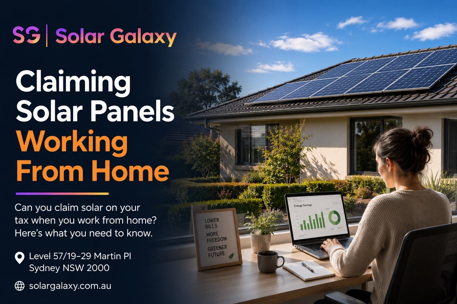 Woman working from home at desk with laptop and residential rooftop solar panels visible, illustrating work from home solar tax deductions by Solar Galaxy